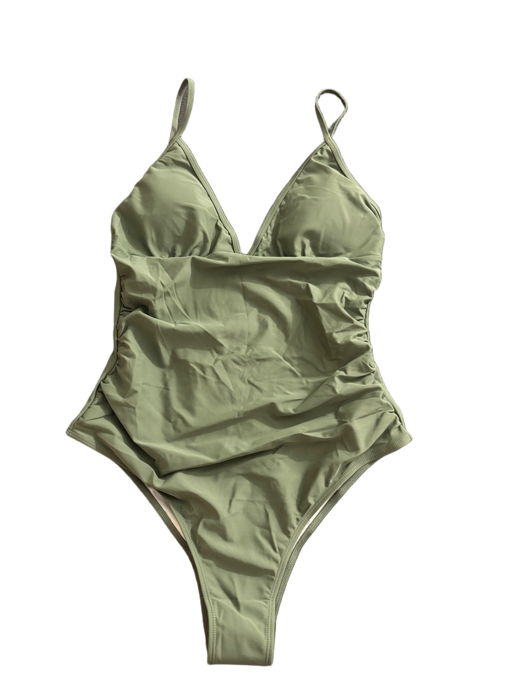 Women’s Olive Green One Piece Swimsuit Ruched V Neck Adjustable Straps Size L